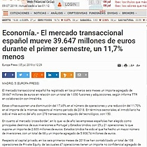 El mercado transaccional espaol mueve 39.647 millones de euros durante el primer semestre, un 11,7% menos